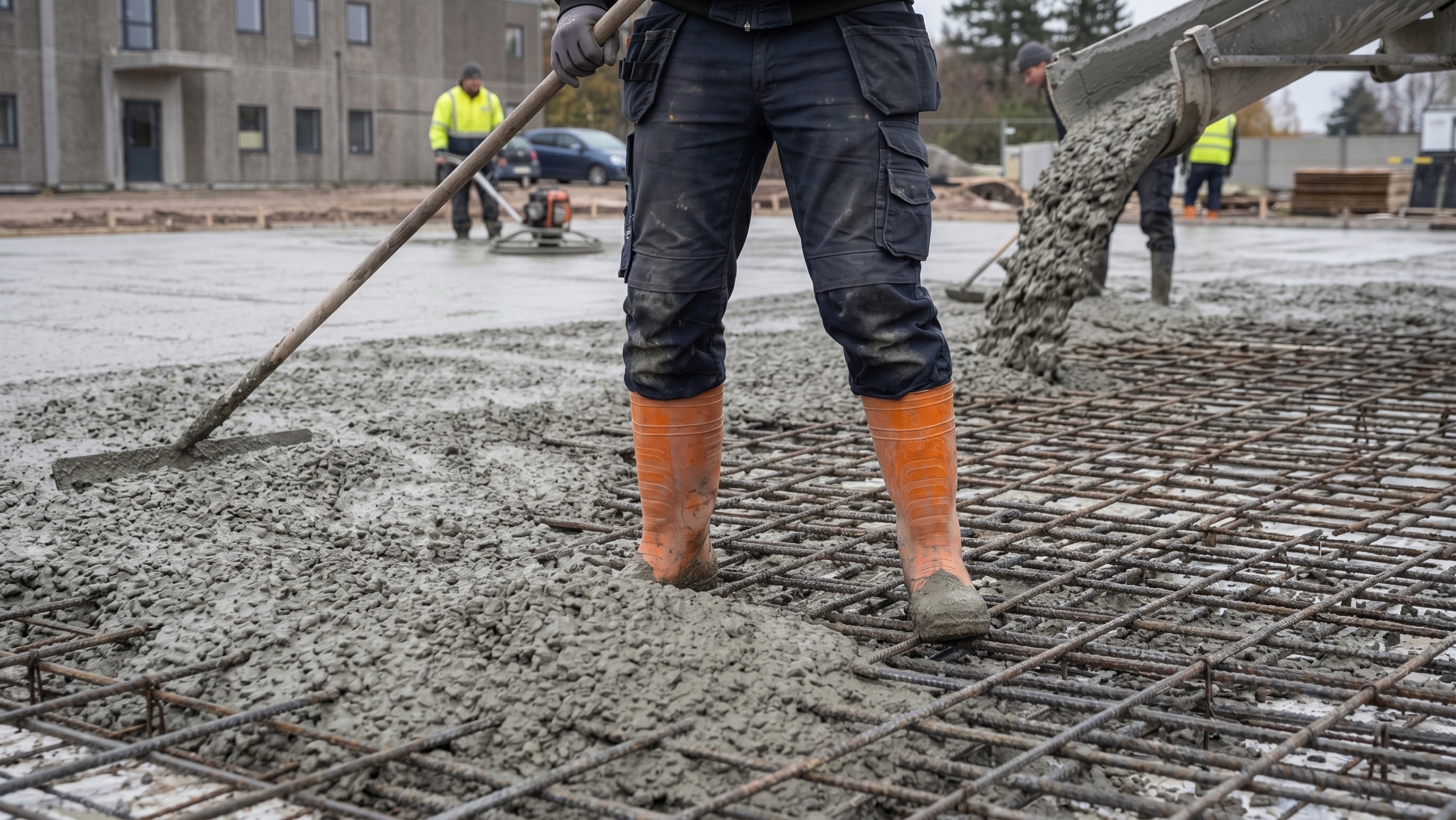 Medarbejder udfører betonarbejde på en armeret betonplade